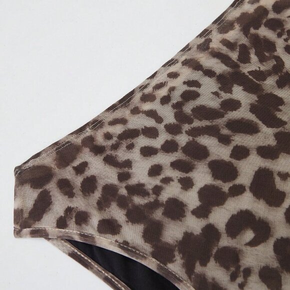 Multicolor Casual Women's Leopard Print Oblique Shoulder Bodysuit - Picture 5 of 7